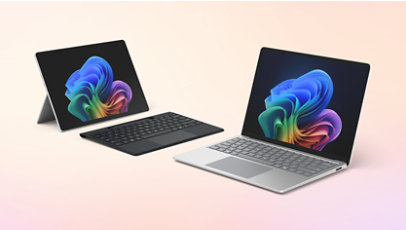 Surface Laptop pro firmy v platinové barvě a Surface Pro pro firmy s klávesnicí Surface Pro Flex černé barvě.