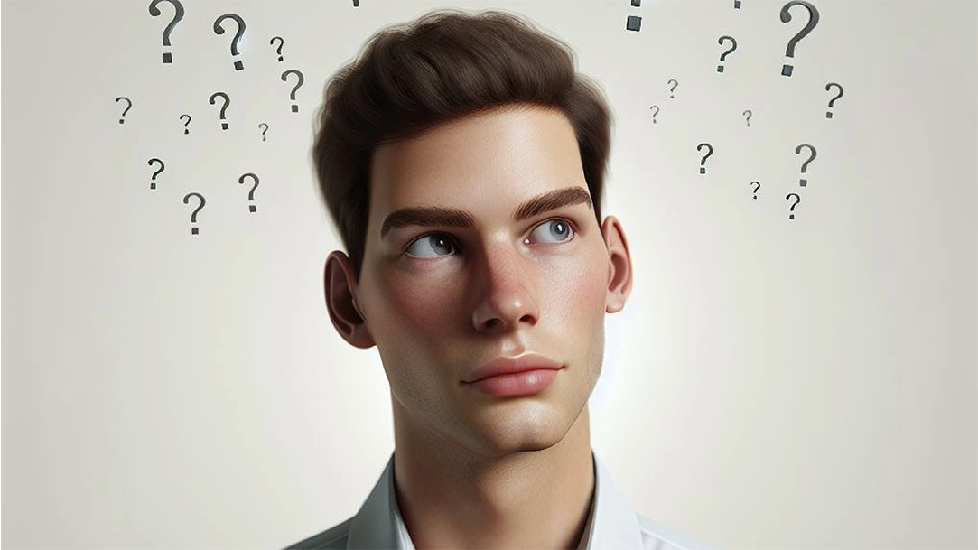A young man thinking with question marks around his head