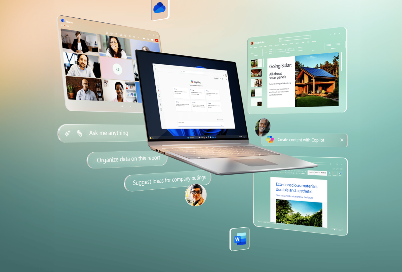 A laptop screen displaying a document, surrounded by floating windows and icons including video call participants, a cloud icon, and various application windows.
