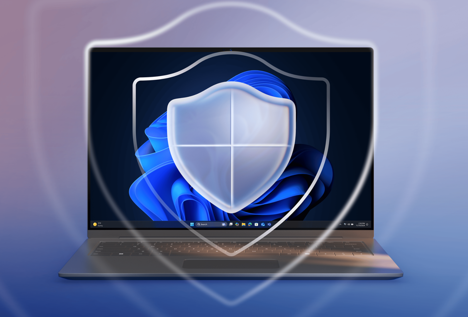 A laptop displaying the Windows 11 operating system with a translucent shield icon overlaid on the screen, symbolizing security with gradient of blue and purple background. 