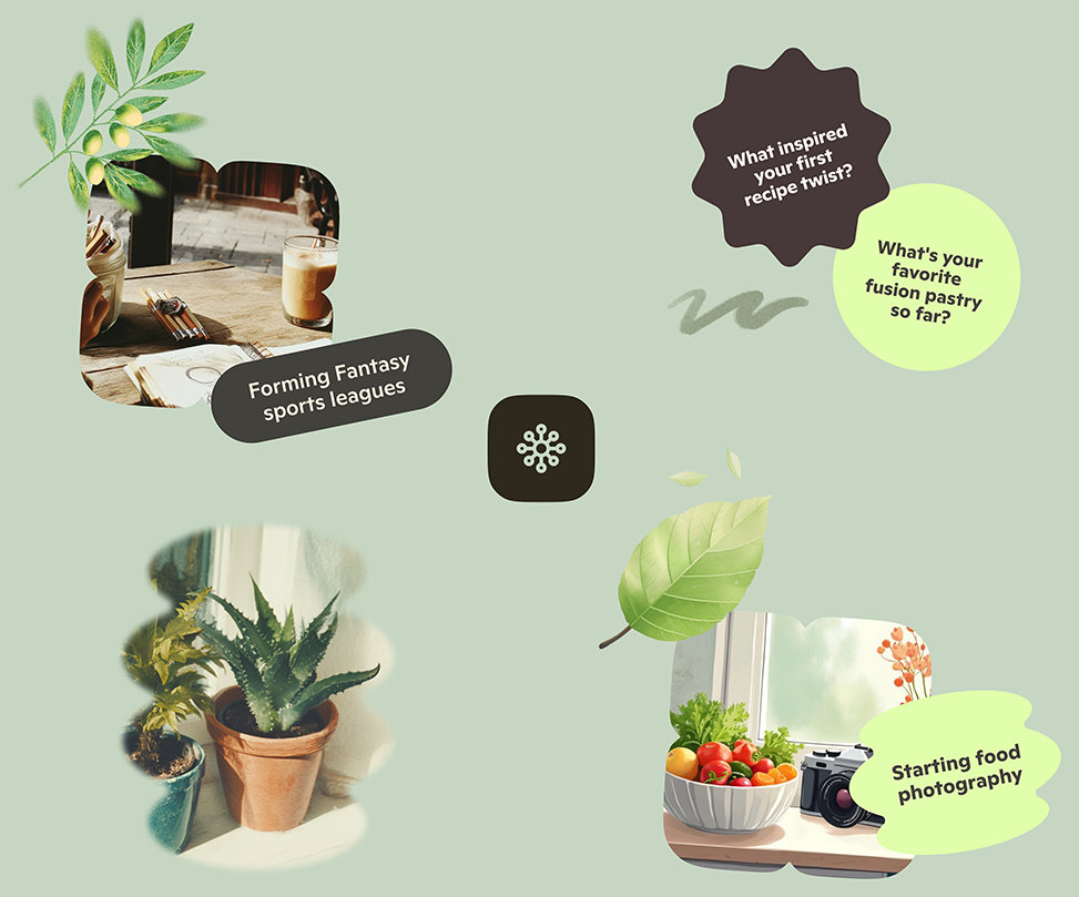 Several small AI generated images of a clipboard on a table in the kitchen, a camera next to a bowl of vegetables on a shelf, potted plants in front of a window, with text bubbles overlapping and the Copilot memory icon on a sage green background