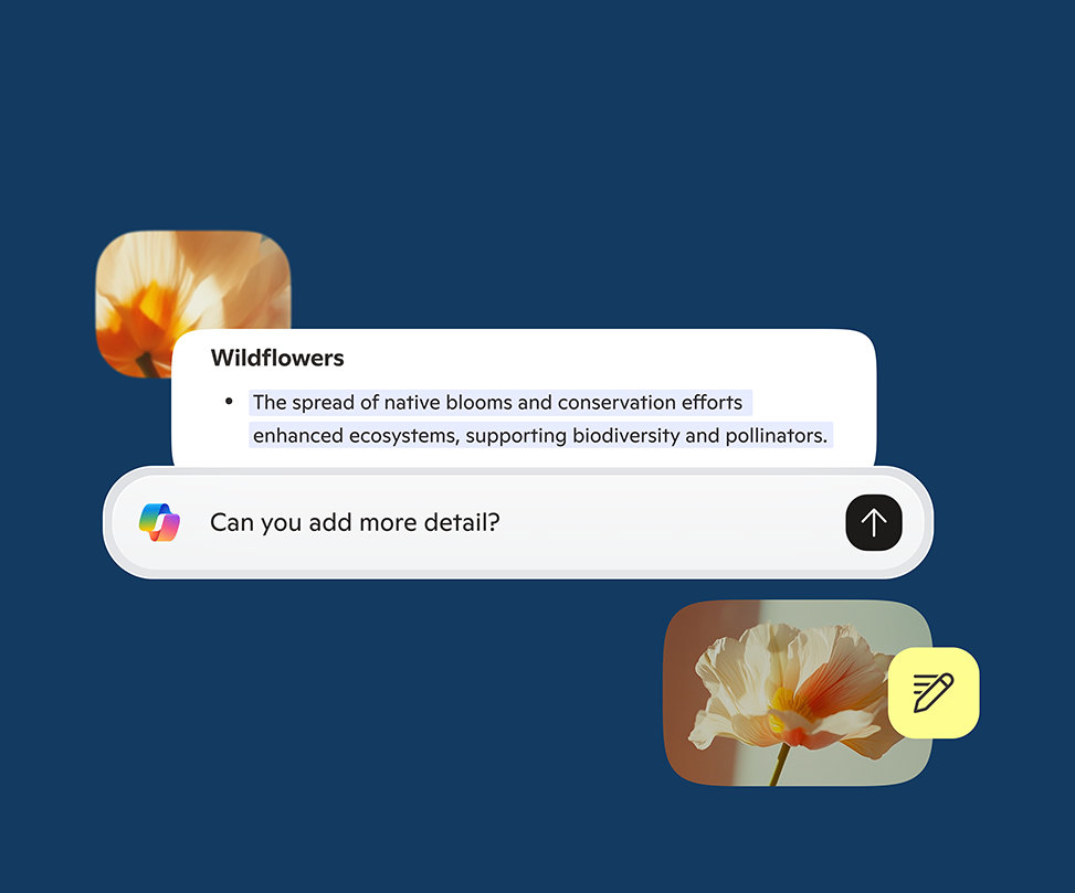 Two small AI generated images of wildflowers with the Copilot pages, Copilot search bar, and text bubble about Wildflowers overlapping on a dark blue background