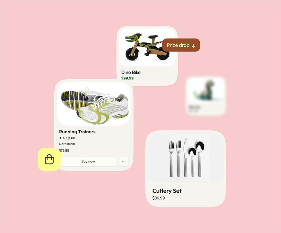 Flere små shoppingbilder med Copilot-shoppingikonet overlappende på en lys rosa bakgrunn