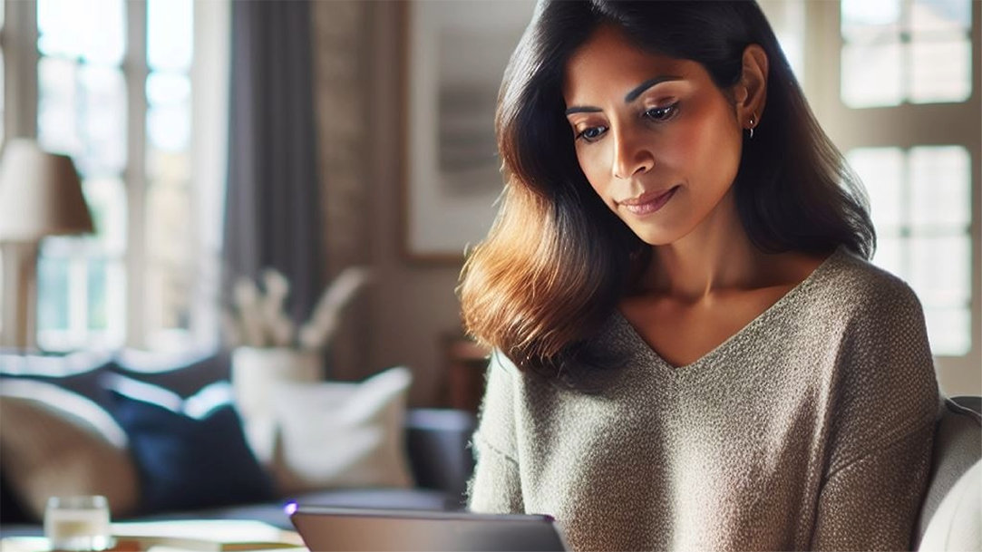 Woman sitting in a living room looking at a tablet
