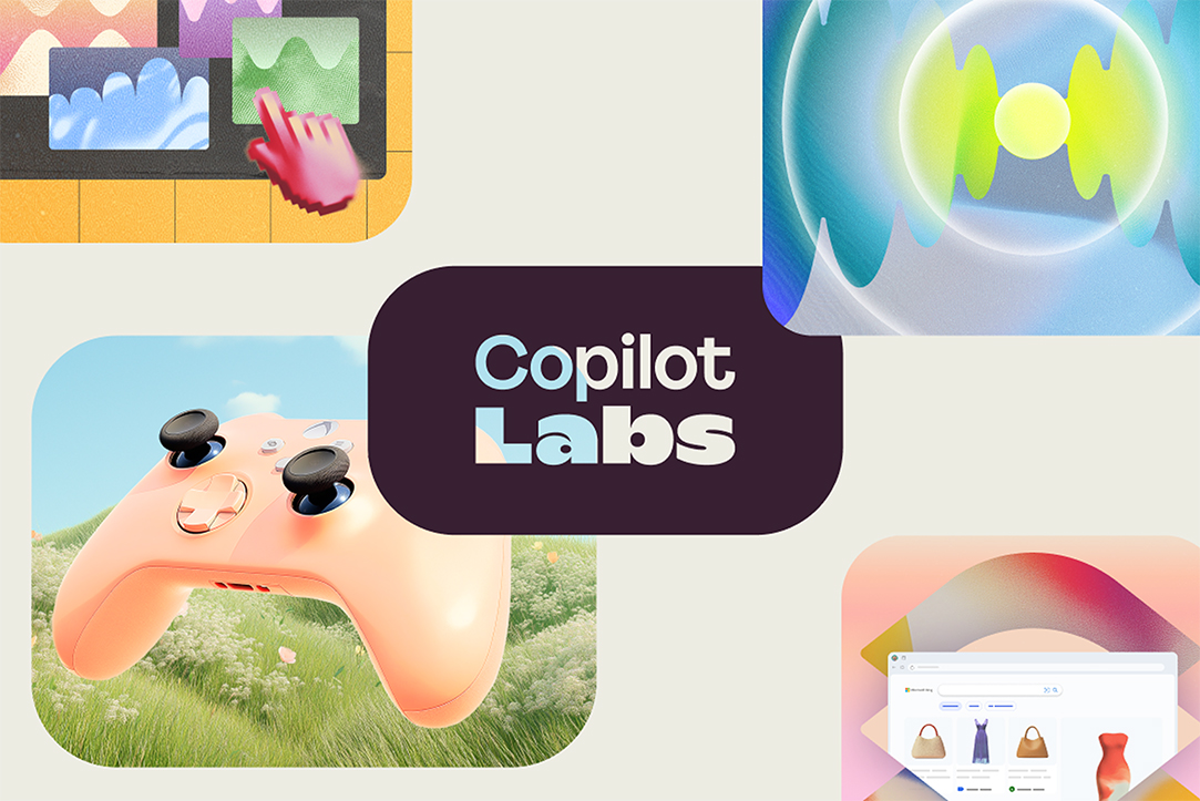 Ulike Copilot-funksjonsbilder vist i de fire hjørnene av bildet på en kremfarget bakgrunn med ordene Copilot Labs skrevet på toppen.