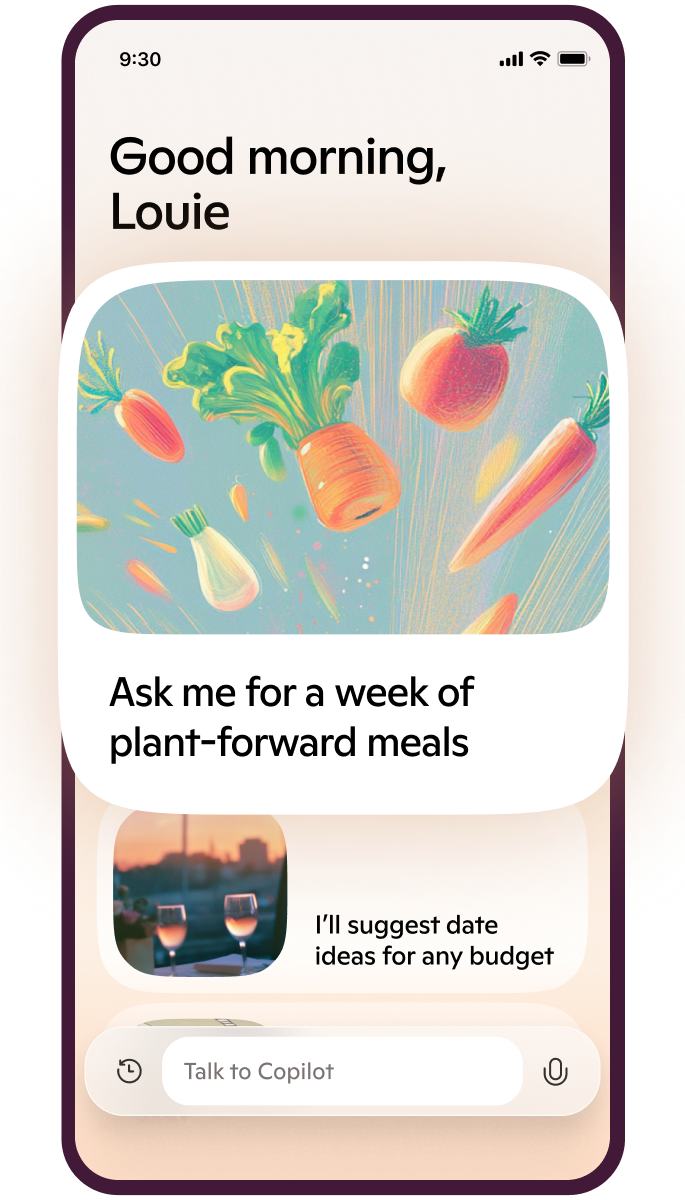 Application Copilot montrant un exemple d’invite suggérée.